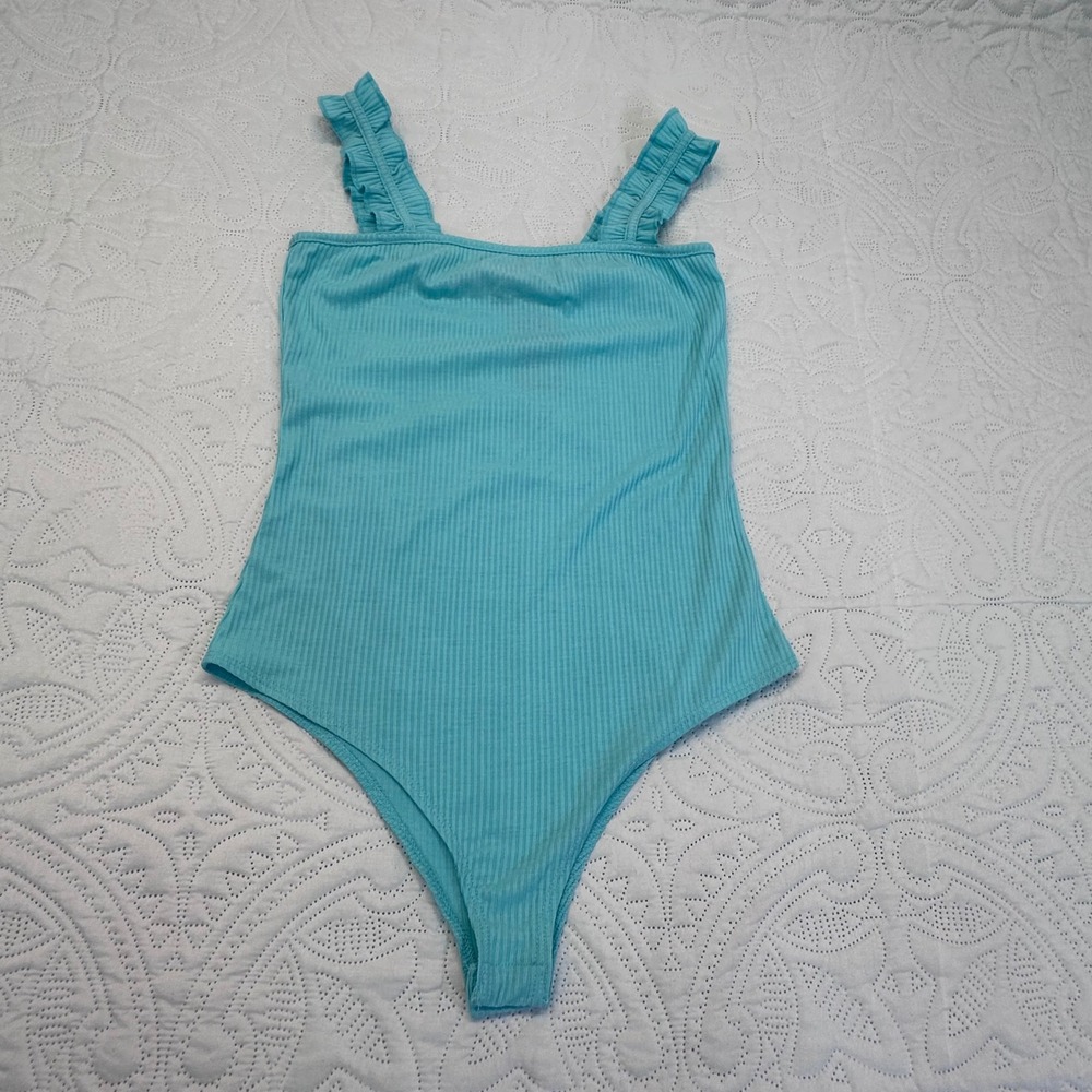 Simply Southern Teal Blue Ribbed Ruffle Strap Bodysuit Sleeveless Top NWT S